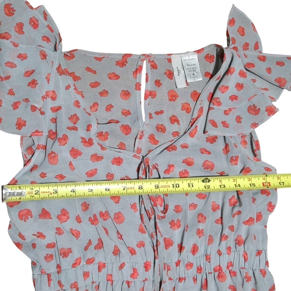 Aggie Floral Flowy Maxi Dress Sz M Gray Red Ruffle Cap Sleeve Peasant V-Neck - Picture 10 of 14